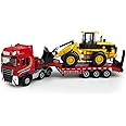 Flatbed Truck Toy with Excavator Loader Tractor Bulldozer Semi Tow Truck Transport Trailer Metal Diecast Construction Vehicles 2 in 1 Vehicle Playset Friction Powered Toy Trucks for Boys Kids Gift red