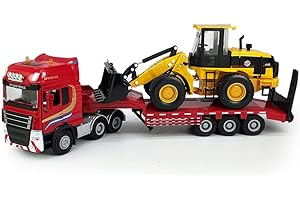 VIIGER Flatbed Truck Toy with Excavator Loader Tractor Bulldozer Semi Tow Truck Transport Trailer Metal Diecast Construction Vehicles 2 in 1 Vehicle Playset Friction Powered Toy Trucks for Boys Kids Gift red