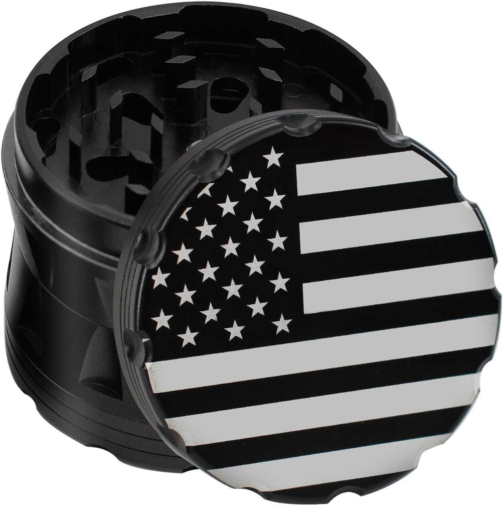CigaMaTe Grinder 4 Piece Herb Grinder 2.5inch Grinders for Herb, American Flag Pattern Grinder Aluminum Spice Grinder with Pollen Catcher (Black)