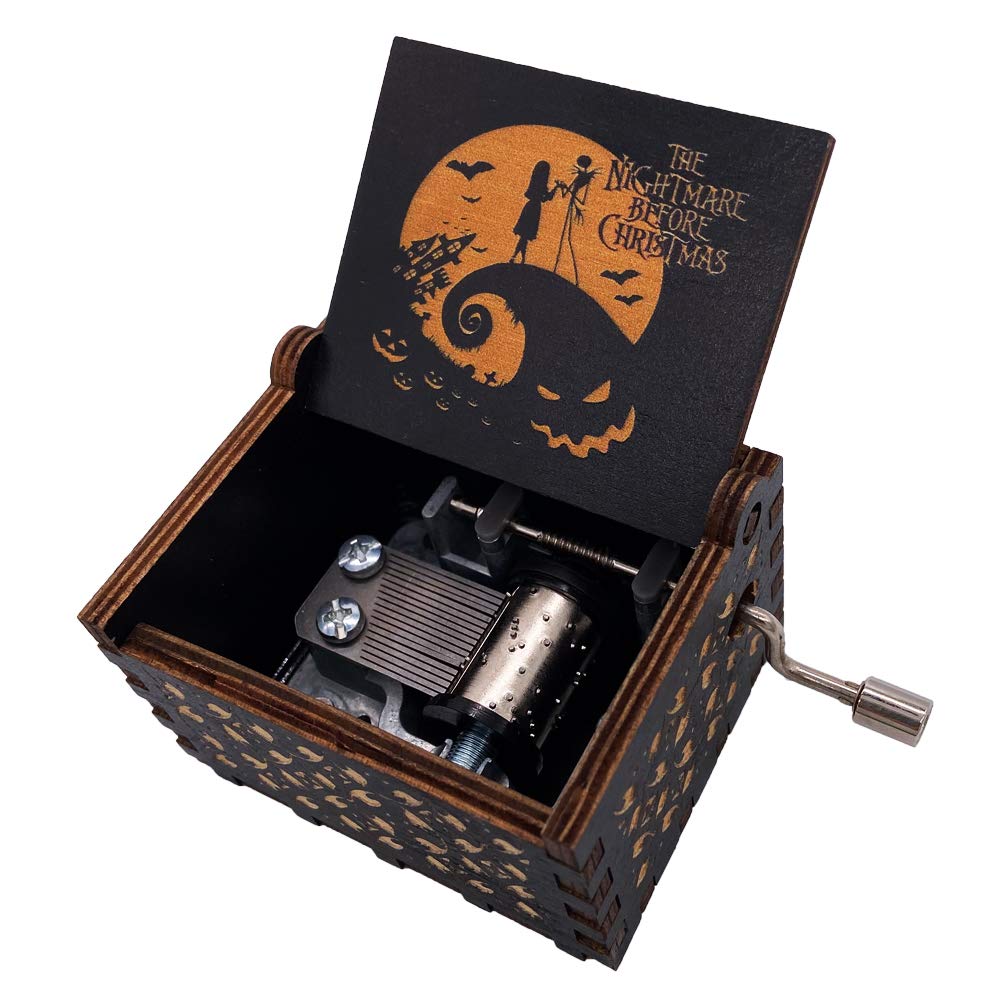 Youtang Halloween Christmas Music Box Hand Crank Musical Box Carved Wood Musical Gifts for Christmas,Birthday,Valentine's Day,Mother's Day,Play This is Halloween(Yellow-Black)