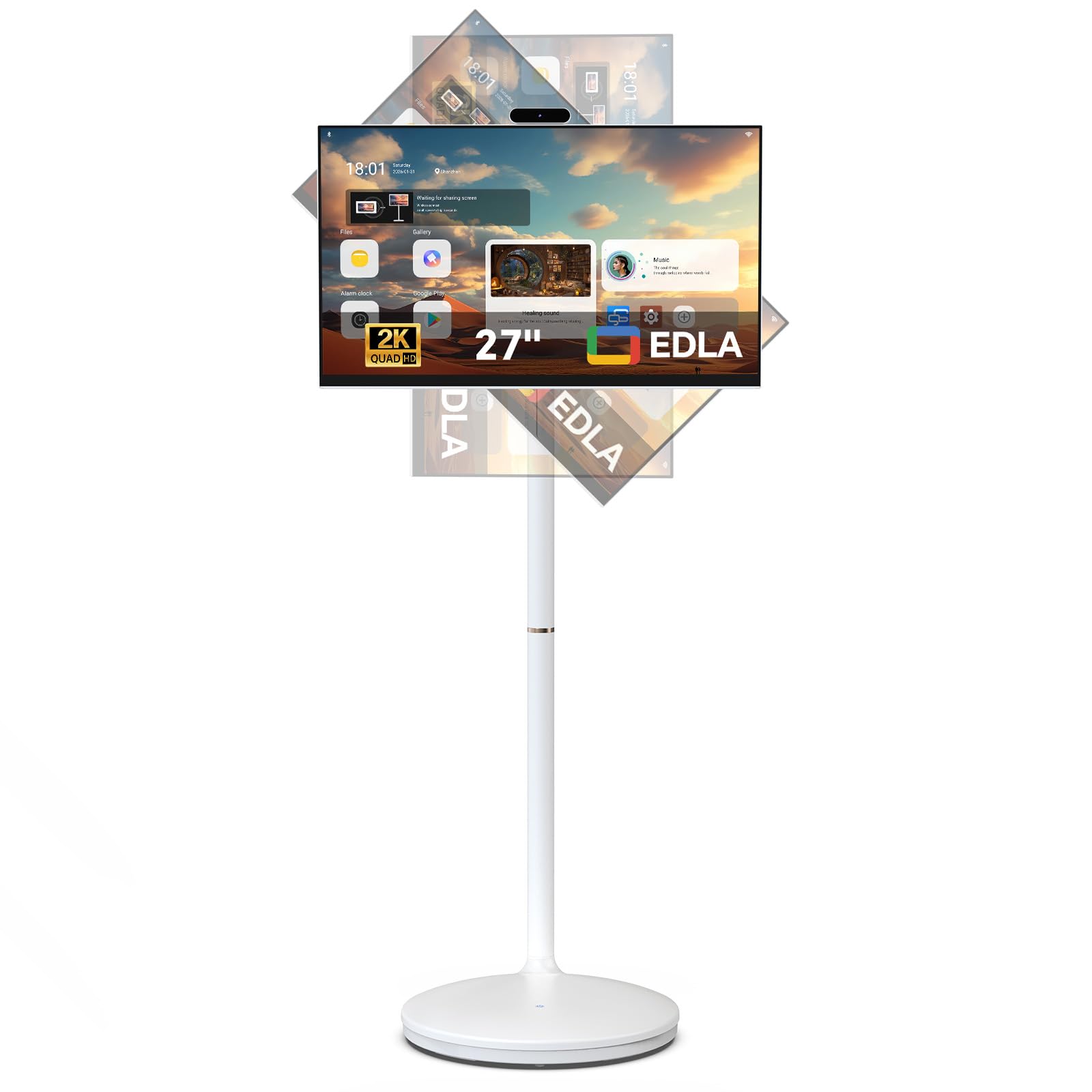 Dornium 27 Zoll FHD Smart Portable TV | Touchscreen-Monitor auf Rädern | EDLA-Zertifiziert & Android 13 | 8+128 GB Speicher | 10,000 mAh Akku | 90°Rotation | Abnehmbare Kamera