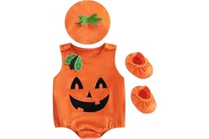 Lamuusaa Newborn Baby Girls Boys Halloween Costumes Sleeveless Pumpkin Romper Bodysuit Hat Socks Halloween Outfits 0-3Y