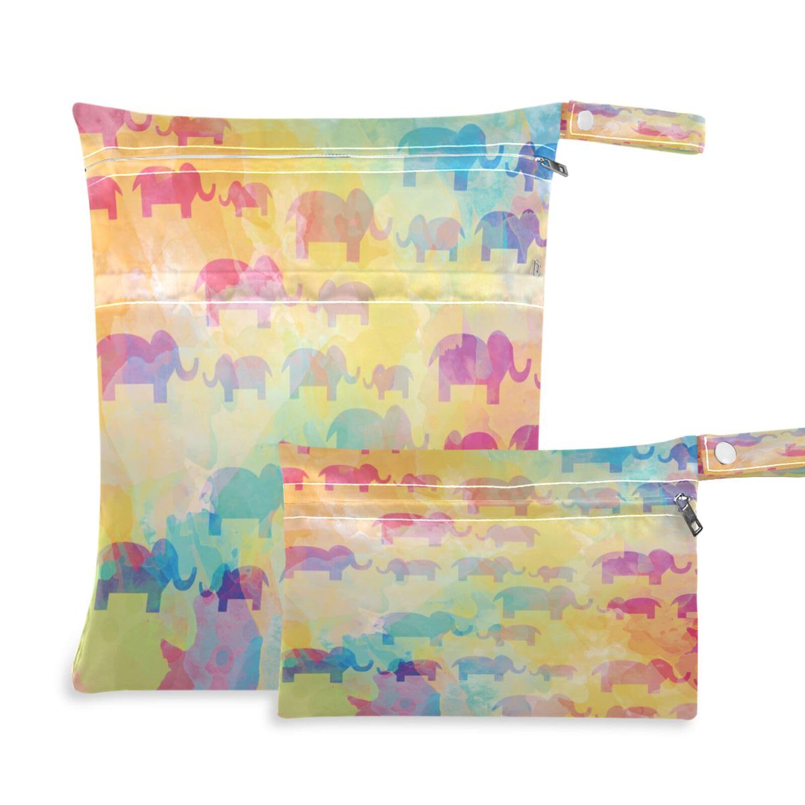 JUMBEAR Rainbow Gradient Elephant Wet Dry Bags Sets Waterproof Reusable Travel Beach Baby Cloth Diaper Wet Dry Bags Organizer with Two Zippered Pockets for Swimsuit and Gym 2PCS