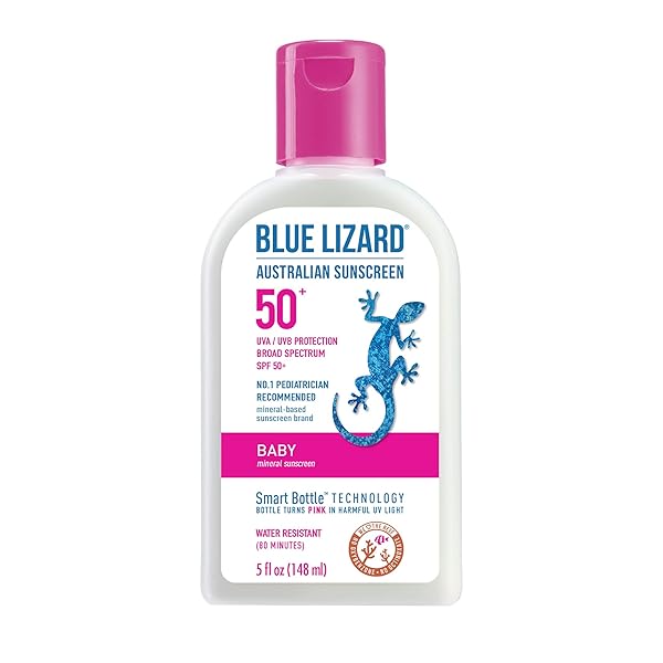 BLUE LIZARD BABY MINERAL SUNSCREEN WITH ZINC OXIDE, WATER RESISTANT, UVA/UVB PROTECTION WITH SMART TECHNOLOGY – FRAGRANCE FREE, UNSCENTED, SPF 50-5 FL OZ – BOTTLE