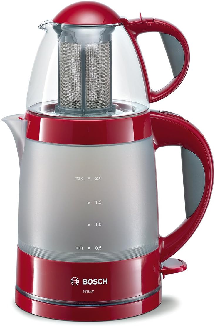 Bosch TTA2010 Teebereiter, Wasserkocher 2 L, Teekanne 0,7 L, Wahlschalter Wasser aufkochen/heiß halten, 1785 W, rot