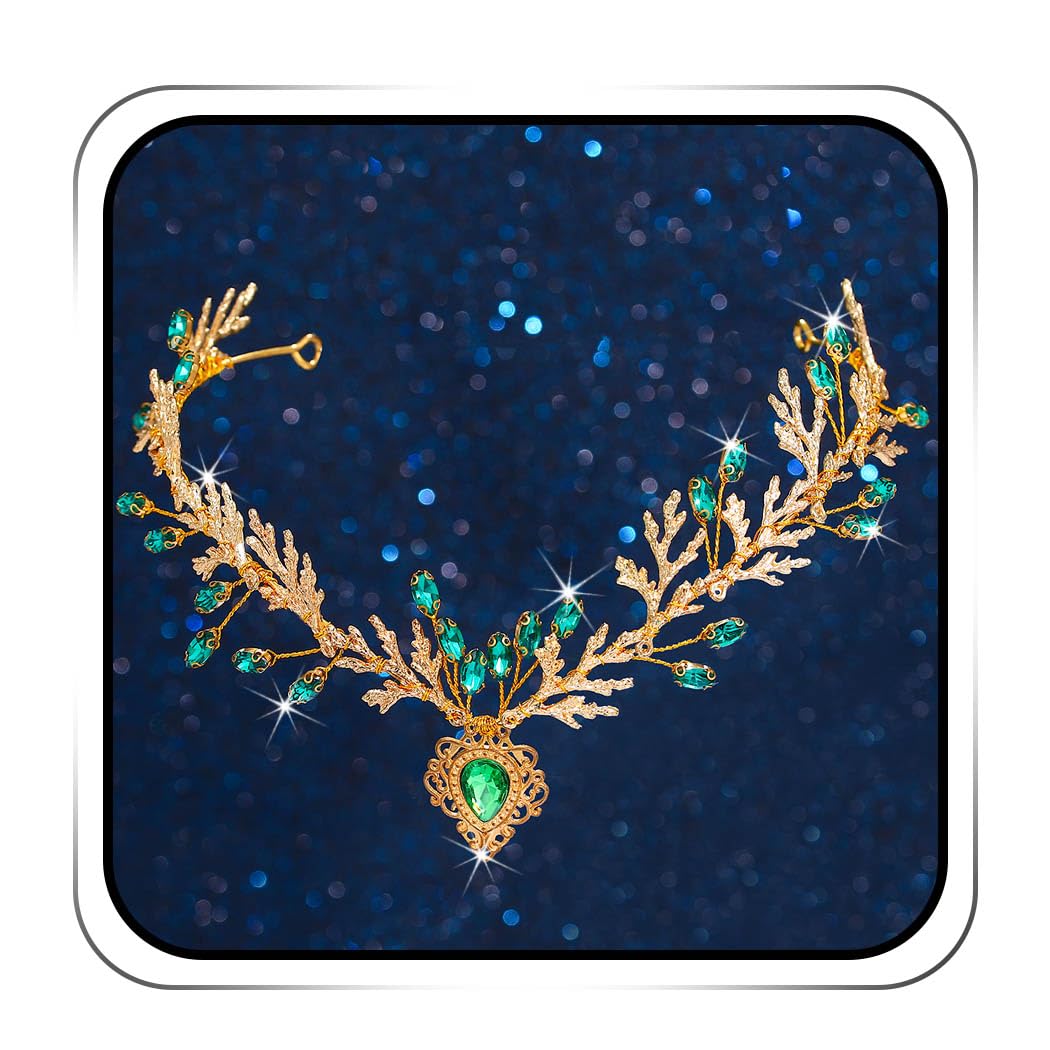 IYOU Rhinestone Fairy Headband Crown Gold Leaf Elf Headpiece Crystal Woodland Enchanted Hairband Tiara Queen Costume Party Hair Accessories for Women