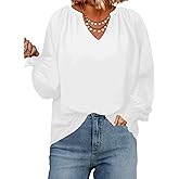 Plus Size Womens Tops Sexy V Neck Smocked Long Sleeve Casual Chiffon Blouse Flowy Work Summer Tops Shirts White