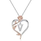 Yesteel Valentines Gifts for Her Rose Heart Initial Necklaces Gifts for Women Teen Girls, Rose Love Heart Letter Pendant Necklace Jewelry Mothers Day Valentines Anniversary Birthday Gift for Her