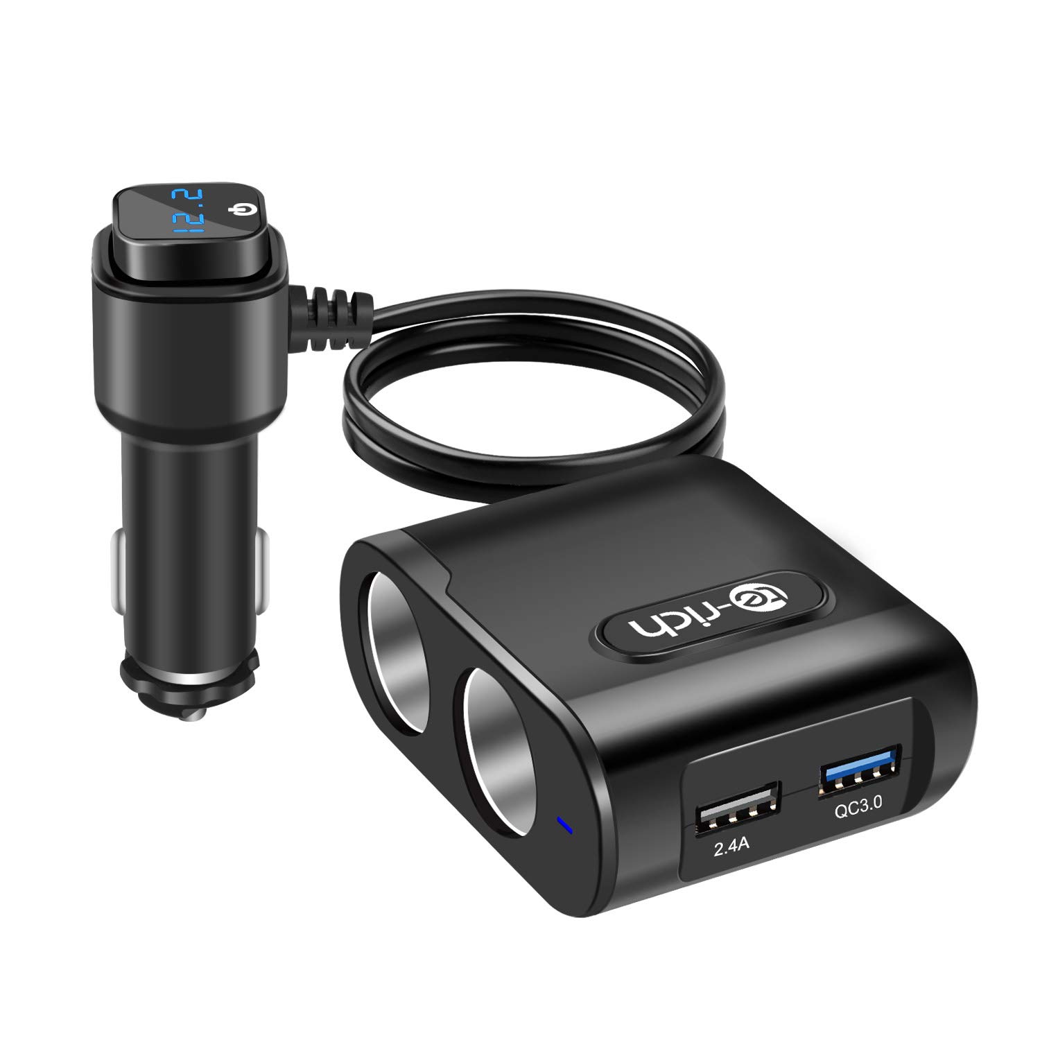 Te-Rich シガーソケット 2連 usb 車載充電器 分配器 QC3.0急速充電 カーチャージャー 2USBポート 最大80W ヒューズ 12V/24V対応 電圧計 LED付き 延長コード 1m 車用ソケット 増設 電源ソケット 分岐 アクセサリーソケット(ブラック)商品画像