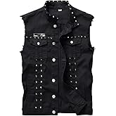 LifeHe Men's Sleeveless Lapel Punk Zipper Denim Jean Vests Jacket With Rivets