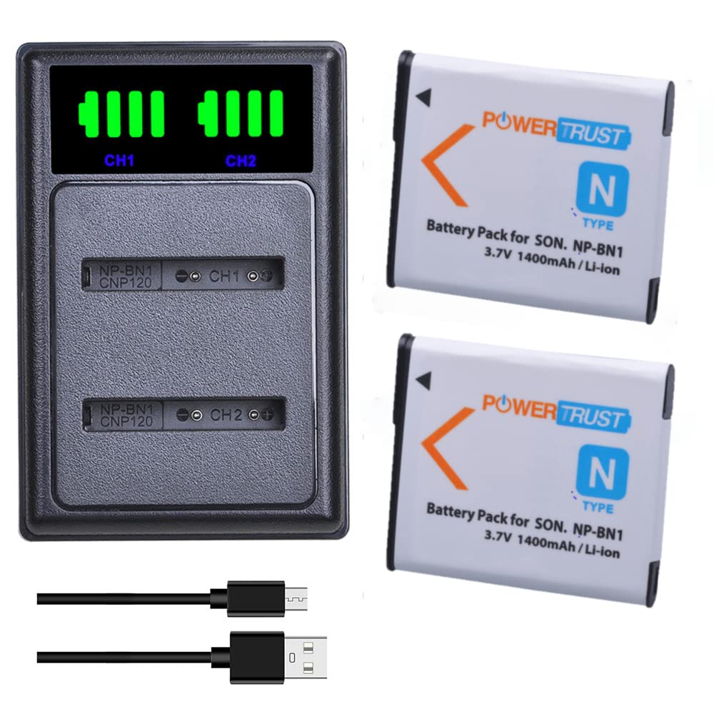 PowerTrust 2-Pack NP-BN1 NP-BN Battery and LED Dual Charger for Sony Cyber-shot DSC-W800 DSC-W530 DSC-WX220 DSC-W830 DSC-W810 DSC-W310 DSC-W320 DSC-WX60 DSC-WX100