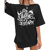 Women's Halloween Witch Shirt - Chillin Like a Villain Oversize T Shirt Tee Casual Short Sleeve Halloween