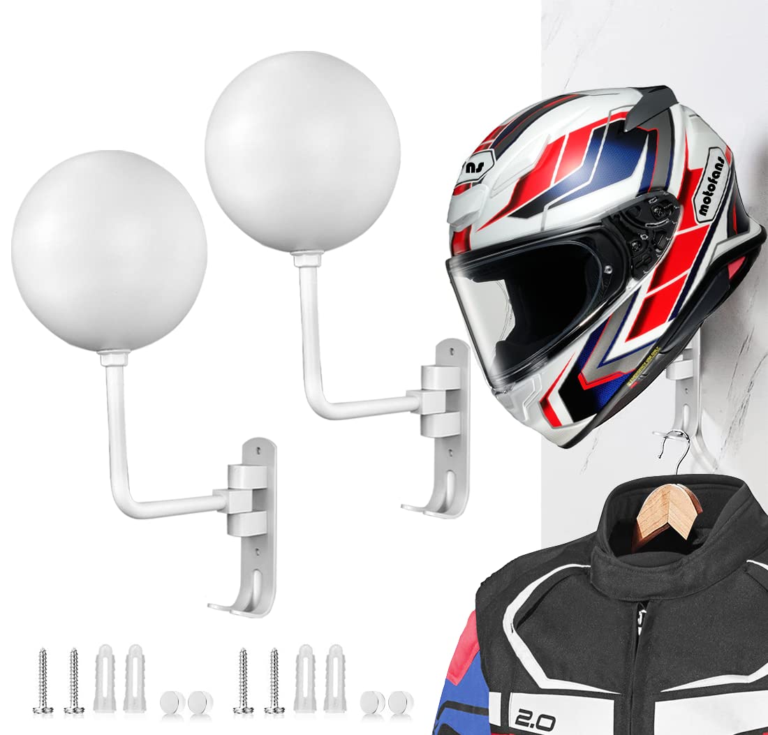 motofans Helmet Stand, Rotation Metal Helmet Holder Wall Mount, Helmet Holder Bike with 2 Hooks Helmet Hanger for Motorbike, Caps, Baseballs, Rugby Helmet (White,2PCS)