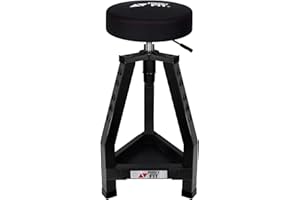 FreekyFit Adjustable Tall Shop Stool, Mechanic Garage Bar Stool Chair, Work Metal Chair for Workshop,360° Swivel Padded Seat, Tool Tray Storage, 350 LBS Capacity, Heavy Duty, Black