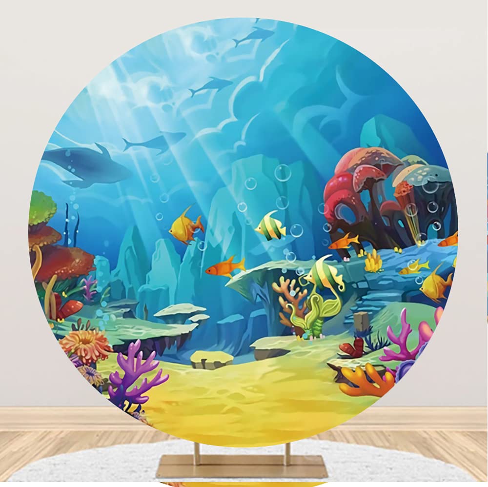 Aoihrraan 150cm Diameter Round Photography Background Underwater World Marine Tropical Fish Shark Bubble Cartoon Photo Backdrop for Kid Birthday Theme Party Portrait Shoot Props