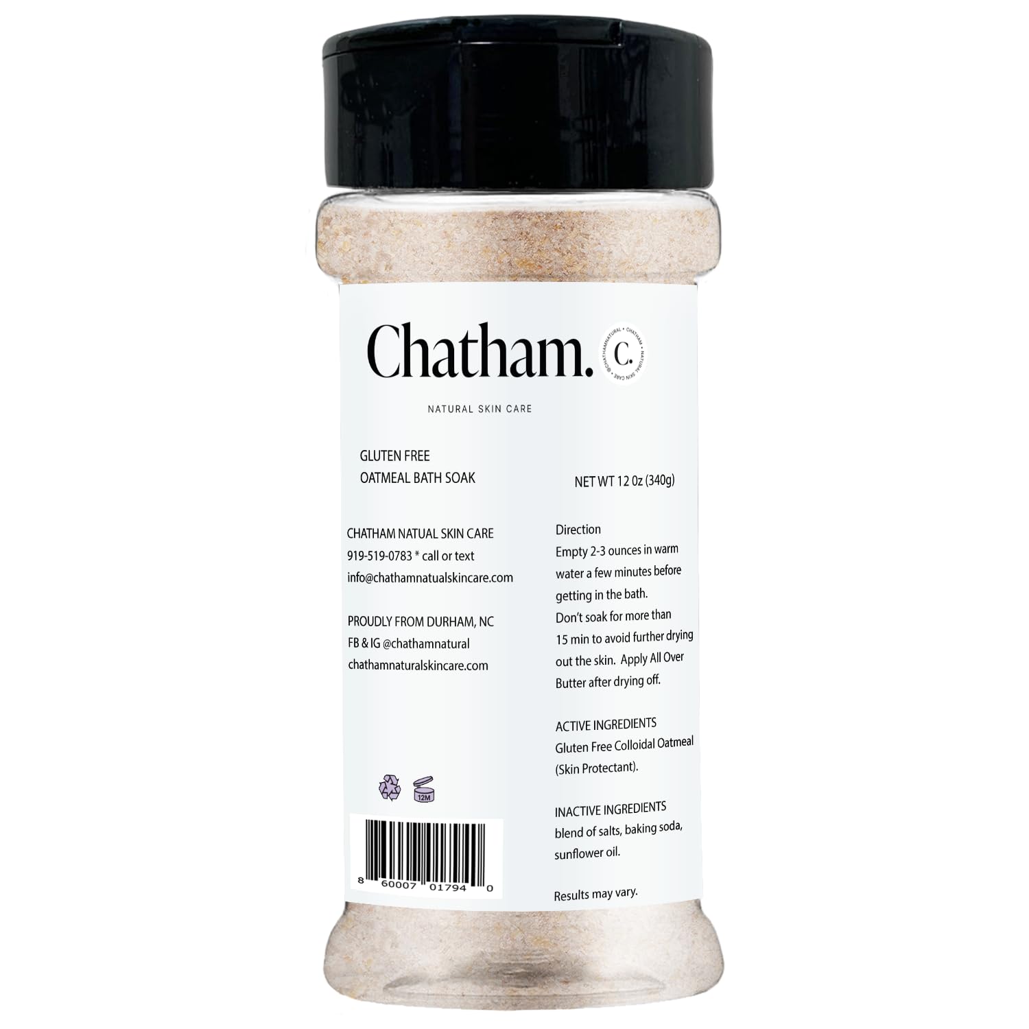 Chatham Oatmeal Bath Soak with Gluten Free Colloidal Oatmeal 12oz | Dry Itchy Irritated Skin Relief | Gentle & Safe for All Ages