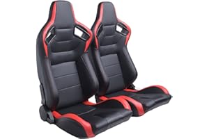 ELOUNTIK 2 Pcs Adjustable Universal Racing Seats with Double Sliders, Reclinable Bucket Seats, 1 Pair of Sport Seats for Vehicles (Black+Red)