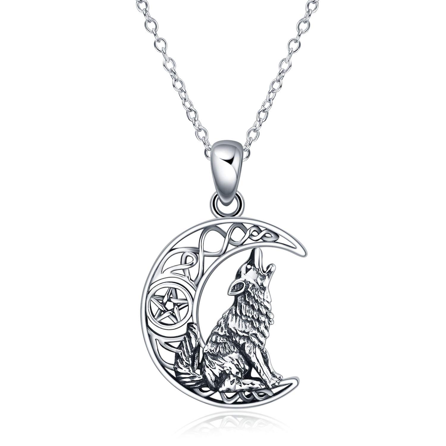 YFN Sterling Silver Wolf Necklace for Women Celtic Knot Moon Wolf Pendant Jewellery Gifts for Men Women (silver 1-wolf necklace)