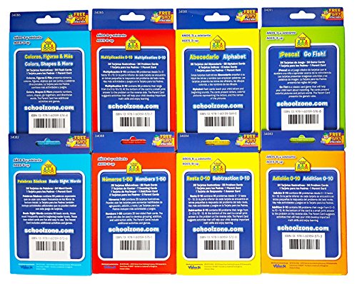 School Zone Spanish English Bilingual Flash Cards 8-Pack (Addition, Subtraction 0-10, Multiplication 0-20, Go Fish, Alphabet, Numbers 1-50, Basic Sight Words, & Colors & Shapes