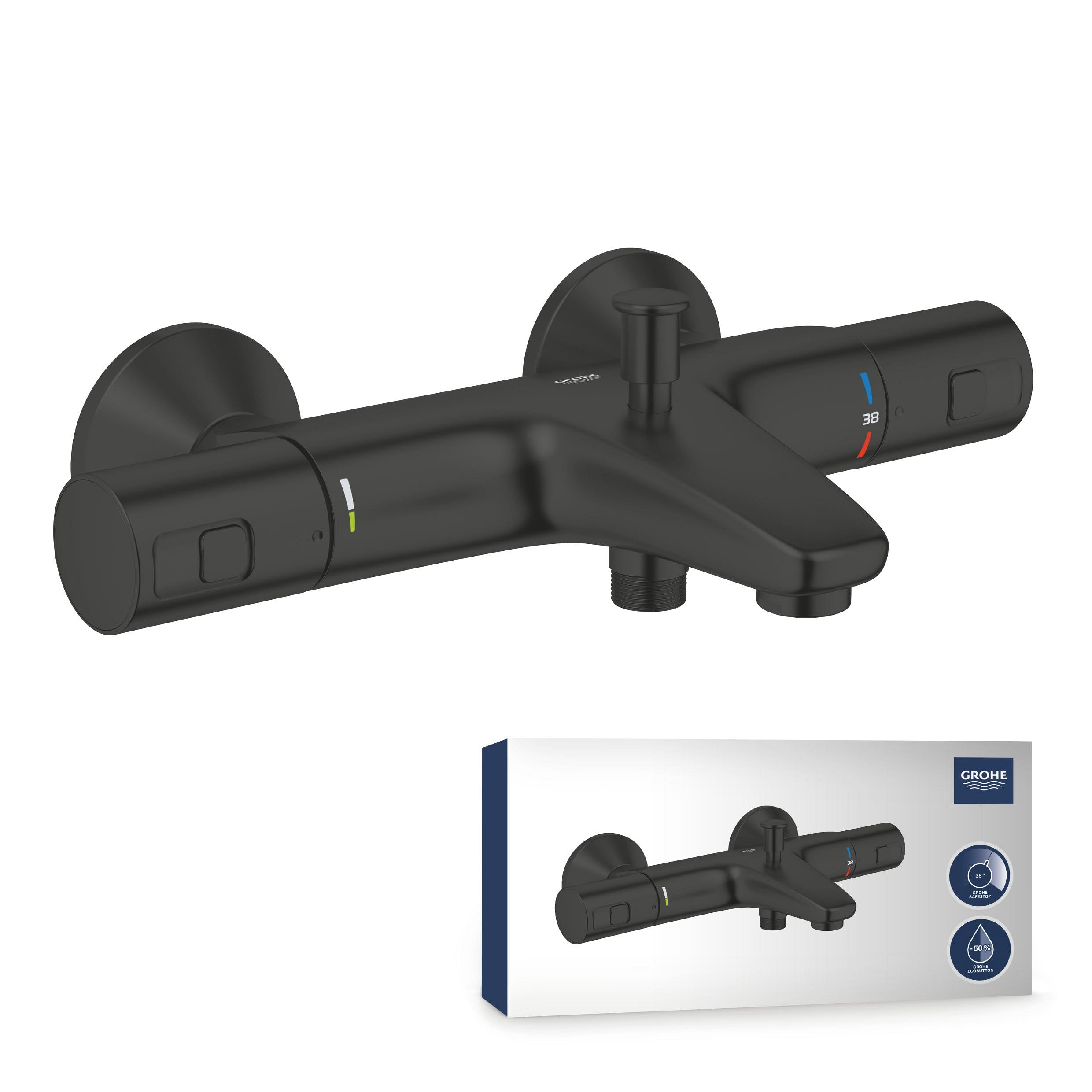 GROHE Precision Start – Black Thermostatic Bath Mixer with Automatic Bath/Shower Diverter (Wall-Mounted, EcoButton Water-Saving Technology, Safety Button at 38°C), Matt Black, 345982430
