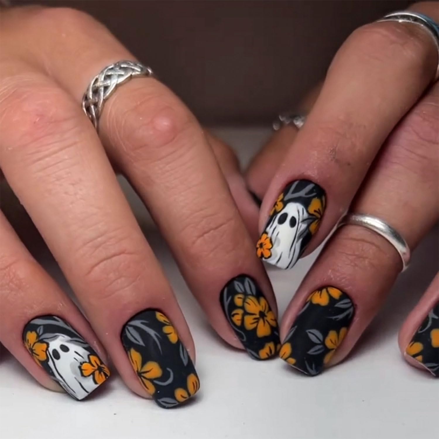 Photo 1 of 24Pcs Halloween Press on Nails Short Square Cute Ghost Fake Nails with Yellow Flower Designs Glue on Nails Fall Glossy Halloween Nails Full Cover Artificial False Nails for Women Decoration 24Pcs