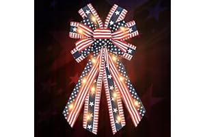 HYING LED 4th of July Bows for Wreath, Patriotic Wreath Bow Red Blue Burlap Bow American Flags Ribbons with LED Lights Memorial Day Farmhouse Craft Bows for Front Door Decorations