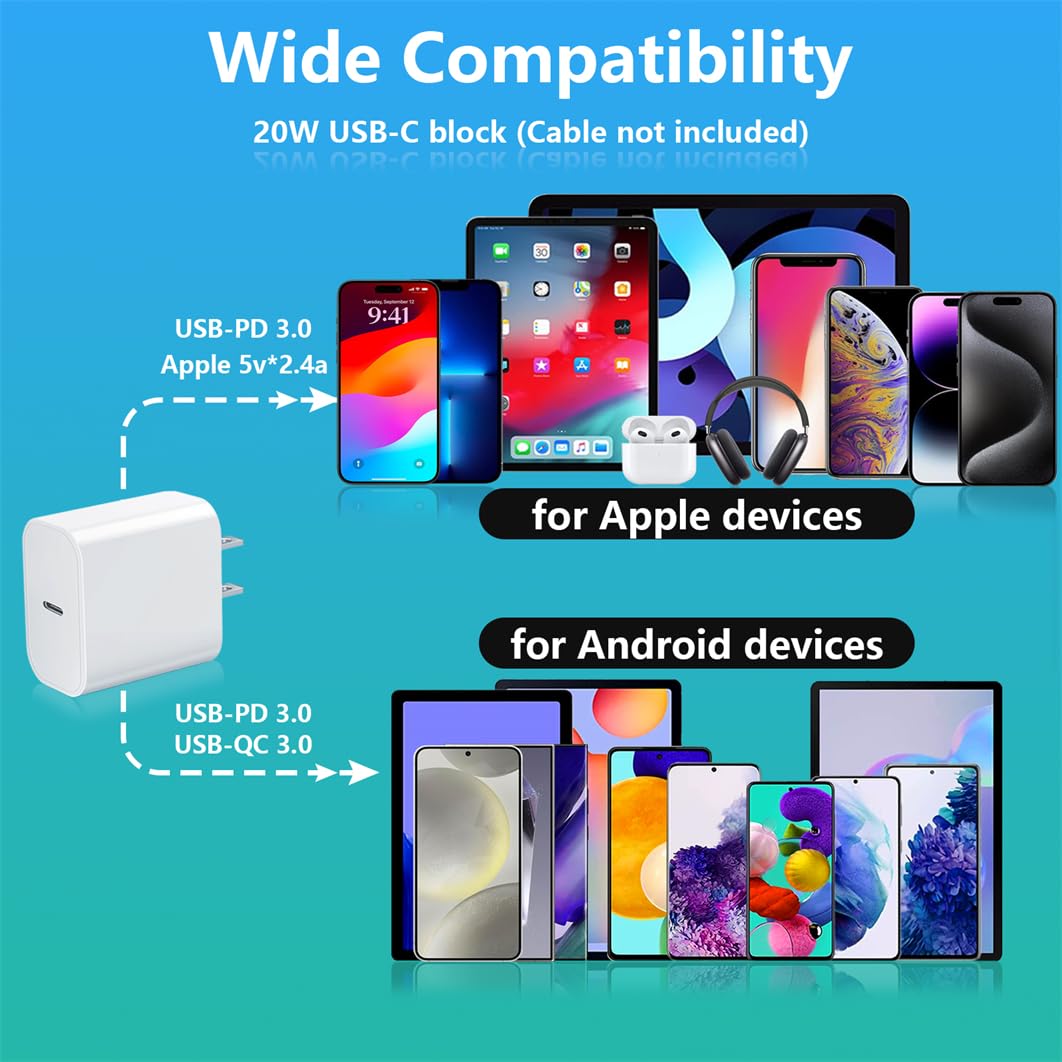 USB-C Charger Block 20w Compatible with Apple Watch Block, iWatch Series Ultra/10/9/8/7/6/SE/SE2/5/4/3,iPhone 16/15,gvmkwejk Type-C PD Fast Charging USBC Power Adapter,1-Pack White