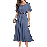 Ever-Pretty Women's Round Neck Pleated Short Sleeves Appliques A-line Chiffon Midi Formal Evening Dresses 02961