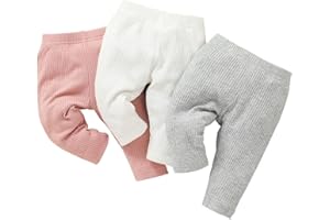 Openatey 3-Pack Newborn Baby Girl Leggings Infant Long Solid Ribbed Pink/White/Gray Pants 0-18 Months