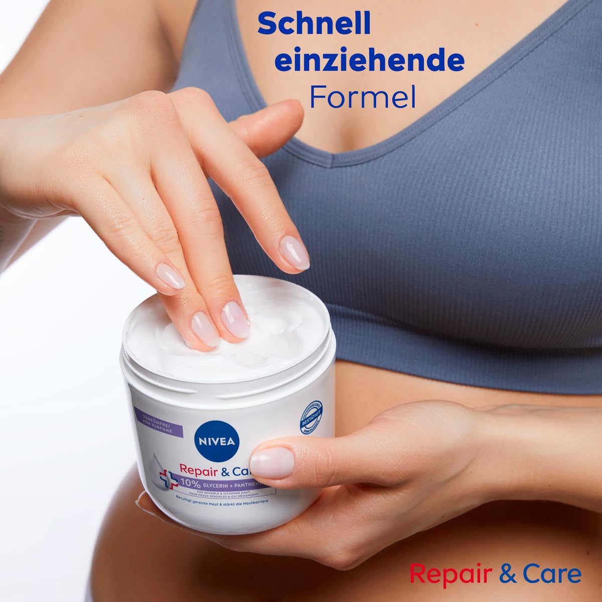 NIVEA Repair & Care Creme parfümfrei (400ml), Feuchtigkeits-Körpercreme, schnell einziehende Lotion mit Glycerin, Provitamin B5 & Ceramiden für trockene, sensible Haut 3