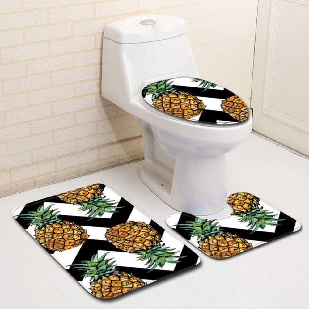 Daylipillow Summer Pineapples On Black And White Stripes Bath Mat Set 3 Piece Bathroom Mats Set Non Slip Bathroom Rugs Contour Mat Toilet Cover Bathroom Accessory Sets