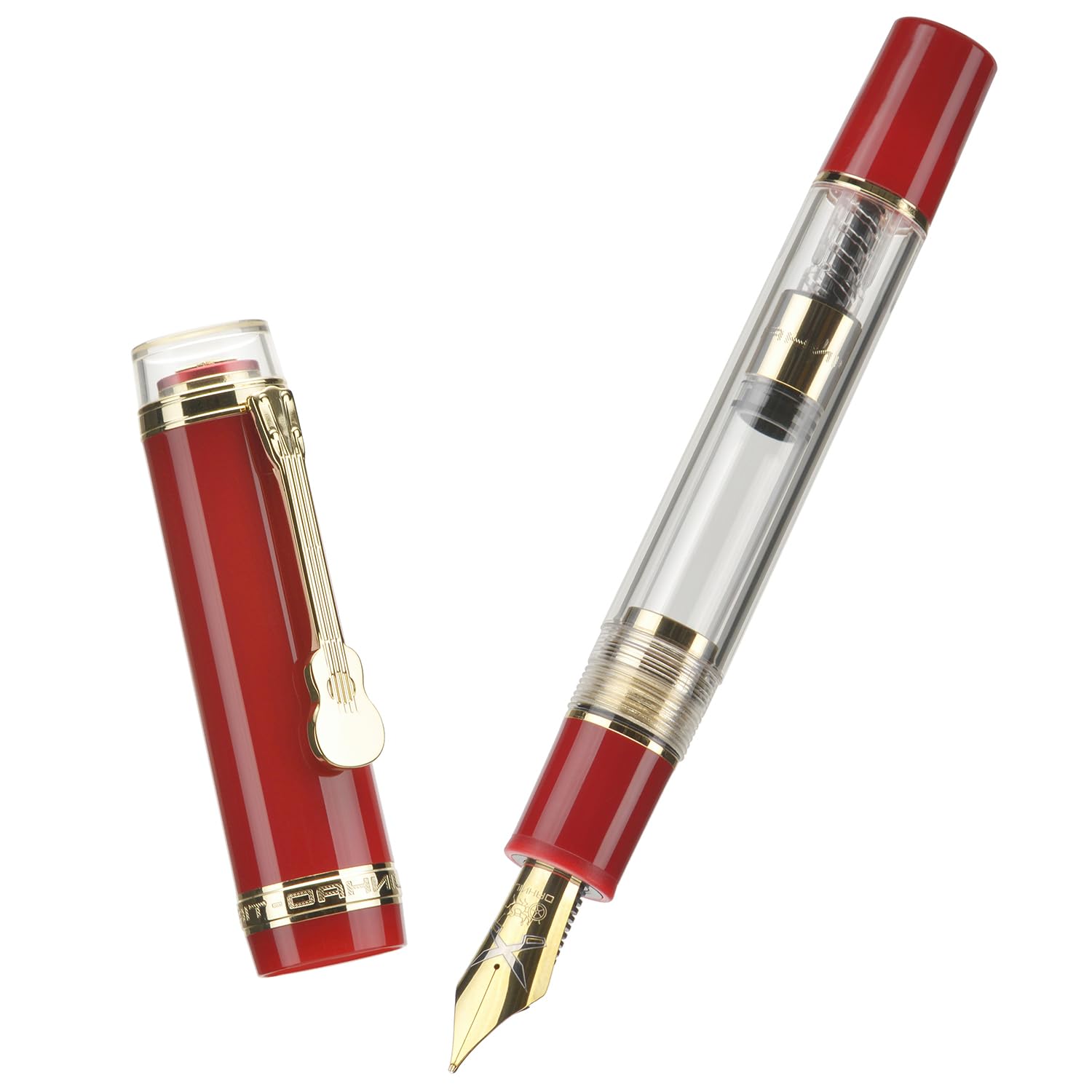 Jinhao 1935 Tiandao Fountain Pen, Size 8 Medium Nib, Golden Guitar Clip, Red and Transparent Acrylic with Converter — image 1