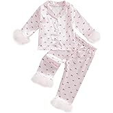 Ayalinggo Toddler Valentines Day Pjs Little Kids Baby Girls Feather Trim Silk Satin Pajamas Set Heart Bow Valentine Nightgown