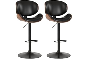 KCC Bar Stools Set of 2, Swivel Adjustable Height Barstools, PU Leather Upholstered Bar Chairs with Footrest, Bentwood Bar Stool for Kitchen, Bar, Dining Room(Black PU)
