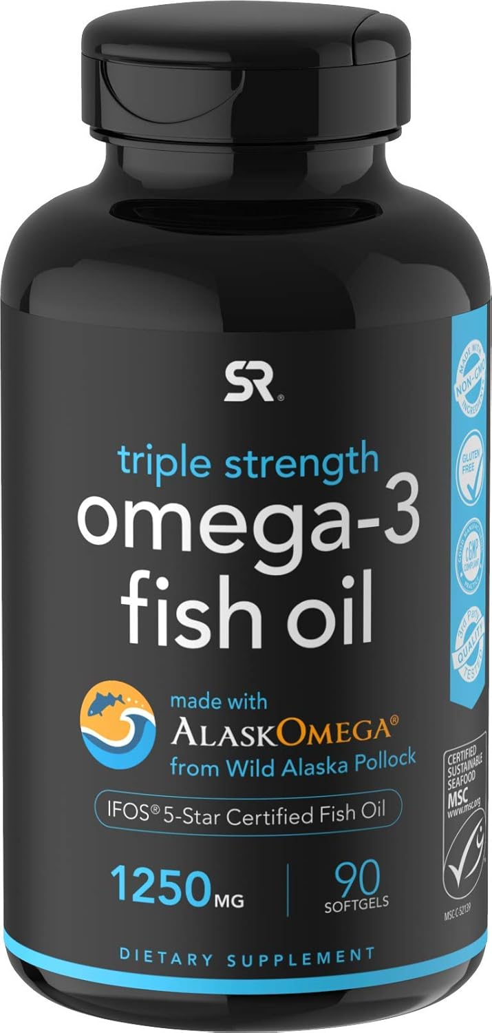 Omega-3 Wild Alaskan Fish Oil (1250mg per Capsule) with Triglyceride EPA & DHA | Heart, Brain & Joint Support | IFOS 5 Star Certified, Non-GMO & Gluten Free (90 Softgels): Health & Personal Care