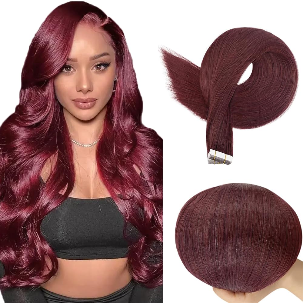 Photo 1 of #99J Burgundy Tape in Extensions Human Hair 22 Inch Red Straight Tape in Seamless Extensions Real Human Hair Skin Weft Seamless Invisible Unprocessed Virgin Remy Hair 50g 20 Pcs