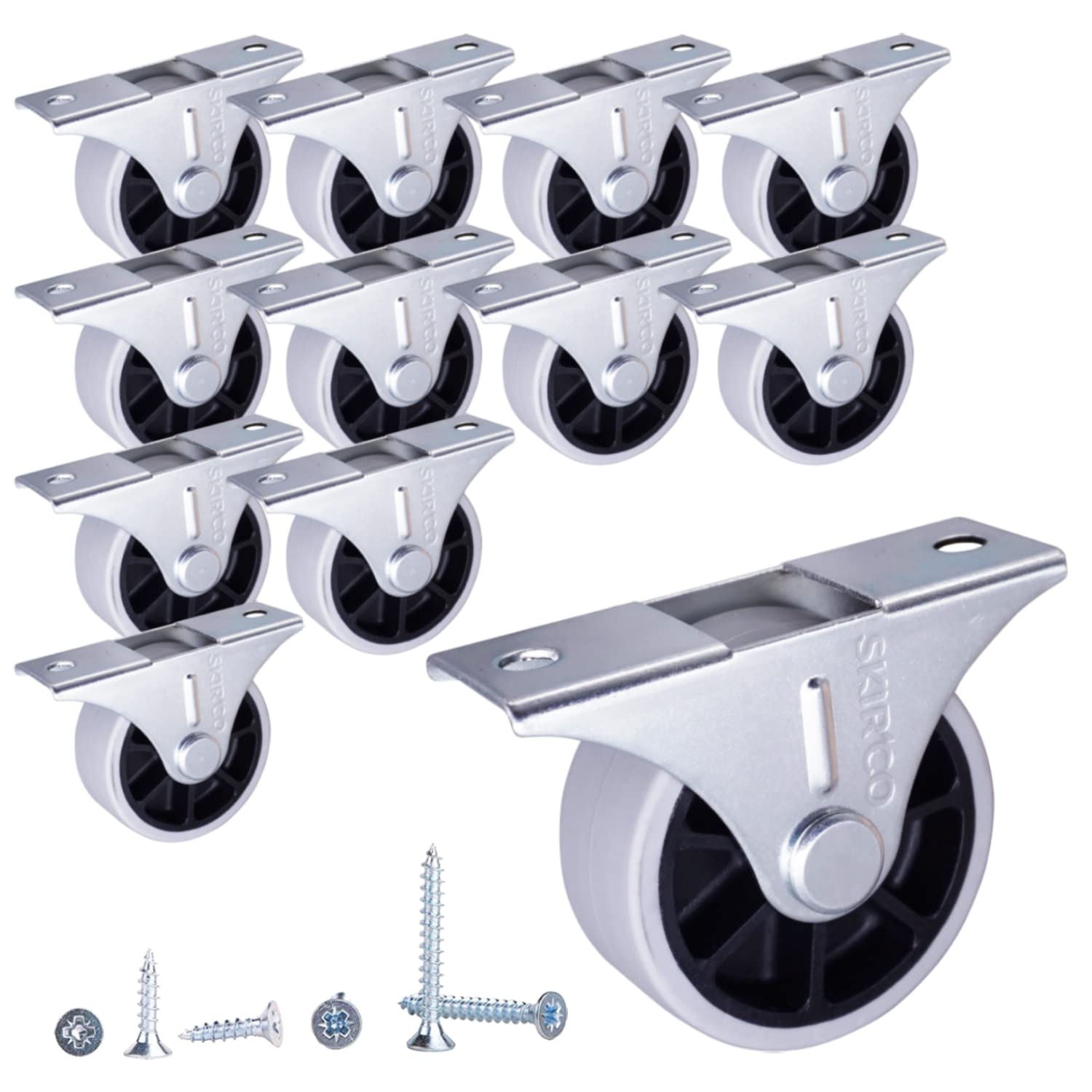 SKIR'CO (12 pcs) 40 mm Rubber Wheels, Furniture Castors, Fixed Casters, Non-Swivel, Screws Included