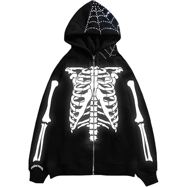 ZHUZHAO Y2k Skeleton Full Zip Up Hoodie Over Face Oversized