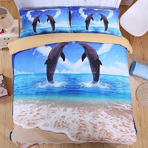 Three Lemons 3D Dolphin Duvet Cover Set Bedding Set Bed Linen Bedclothes Sheets Pillowcase (Queen)