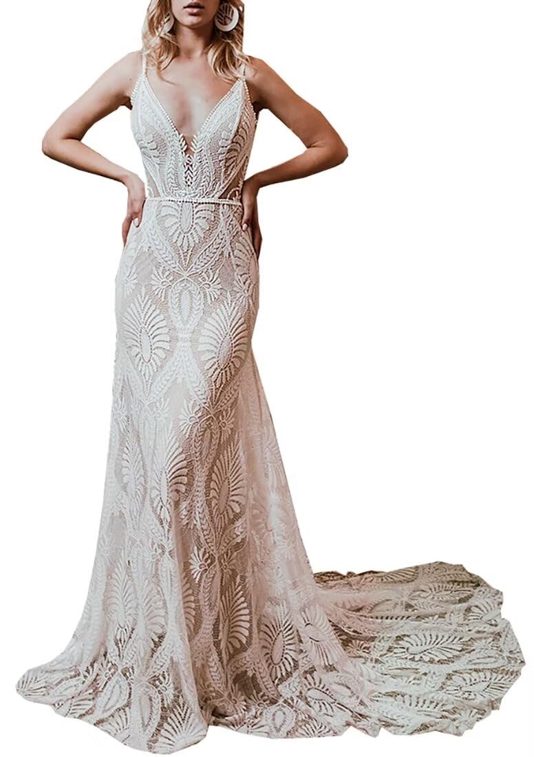 Photo 1 of Mermaid Lace Wedding Dresses 2024 Sexy V Neck Wedding Gowns Boho Bride Dresses for Wedding Ivory US8