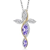 Cross Necklace For Women In 925 Silver and 10K Yellow Gold with Blue Tanzanite and Lab Grown Diamond | 1.26 Cttw | Jesus Christian Religious Crucifix | Marquise 8X4MM | With 18 Inch Chain