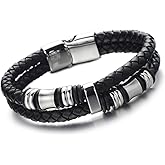 COOLSTEELANDBEYOND Mens Double-Row Braided Leather Bracelet Bangle Wristband with Black Stainless Steel Ornaments