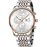 OLEVS Men Watches with Date Bussiness Watches for Male Luminous Quartz Mens Watches Waterproof with Stainless Steel Strap Stopwatch Timing Function (Rose case Silver dial)