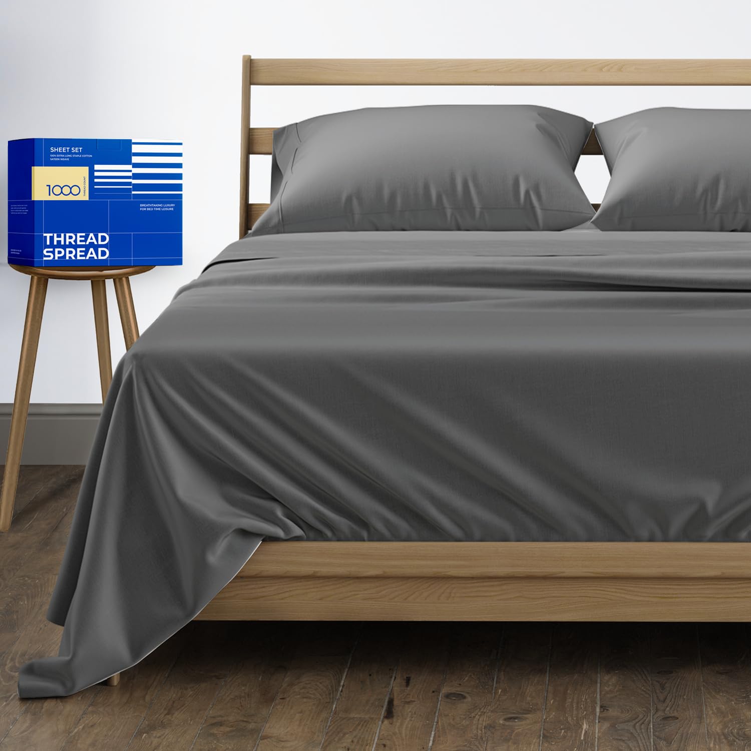 Photo 1 of THREAD SPREAD 100% Egyptian Cotton Sheets Queen Size - 1000 High Thread Count, 4 PC Luxury Hotel Sheets for Queen Bed, 16" Deep Pocket Sateen Soft Cooling Bedding Sets - Dark Grey