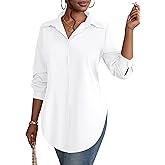 Rooscier Women's Collar V Neck Long Sleeve Slit Side Button Down Long Shirt Blouse Top