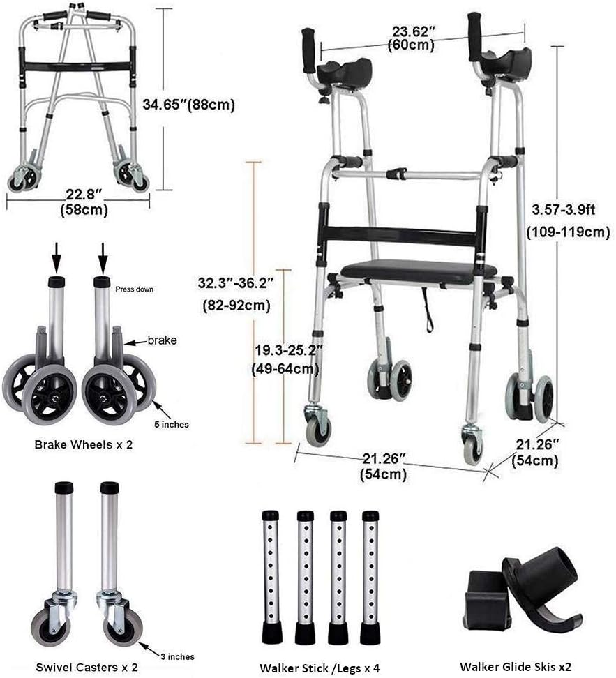 Stand Upright Walkers for Seniors with Seat, Elderly Rollator Walker with Seat and Wheels, Adjustable Walking Aids with Armrest for Disabled Limited Mobility, Foldable 4 Wheels Walkers + Seat + Bag: Health & Personal Care