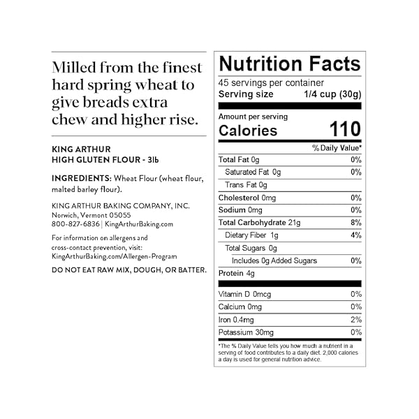 KING ARTHUR HIGH GLUTEN FLOUR, CONTAINS WHEAT FLOUR (WHEAT FLOUR, MALTED BARLEY FLOUR) HIGH PROTEIN, 3 LB, WHITE, 48 OUNCES