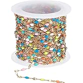 NBEADS 19.69 Feet Enamel Jewelry Making Chain, 316L Stainless Steel Dapped Colorful Beaded Cable Lip Link Chain Roll with Spool for DIY Bracelet Necklaces Pendants Making Accessories, Golden