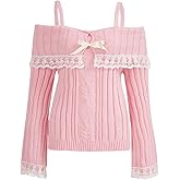 Women Y2k Cold Shoulder Knit Sweater Top Long Sleeve Lace Trim Knitted Pullover Sweaters Bow Cardigan Streetwear