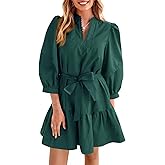 Cicy Bell Womens Puff 3/4 Sleeve Mini Dresses Bow Tie Waist V Neck Casual Trendy Ruffle Tiered Short Dress